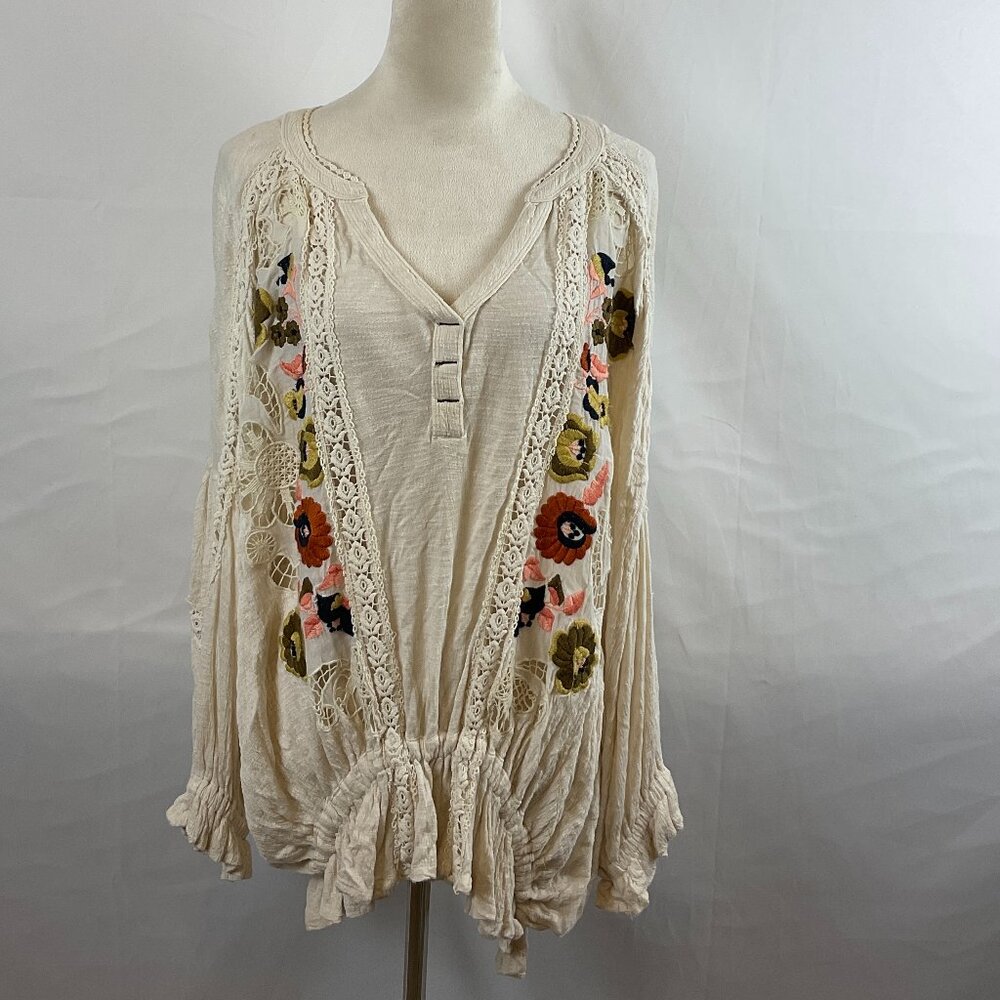 Free People Cream Boho Embroidered Lace Peasant Blouse